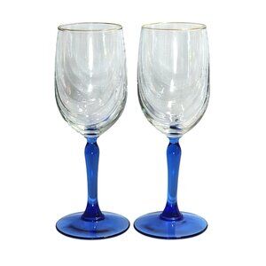 2 Libbey Crystal Blue Water Wine Glasses 8" Cobalt swag optic vintage gold trim